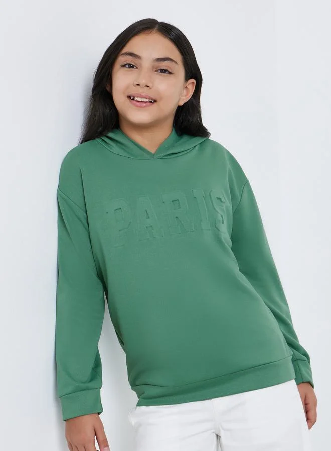 Styli Styli Teen Green Paris Embossed Hoodie