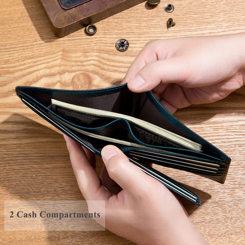 BULLCAPTAIN RFID Wallets for Men Slim Bifold Genuine Leather Front Pocket Wallet with 2 ID Windows QB-05 (Peacock Blue) - Image 5