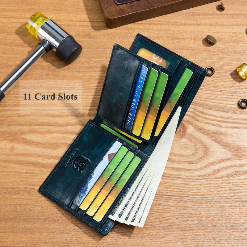 BULLCAPTAIN RFID Wallets for Men Slim Bifold Genuine Leather Front Pocket Wallet with 2 ID Windows QB-05 (Peacock Blue) - Image 4