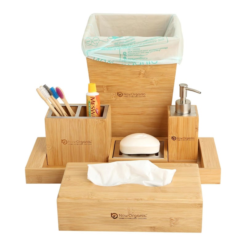 Now Organic - Living a Conscious Lifestyle Now Organic Brand Premium Bamboo Full Bathroom Accessories Organizer Set with Towel Tray soap Dispenser soap Dish Holder Dustbin Tissue Box and Toothbrush Holder All Combo 6  - Image 2