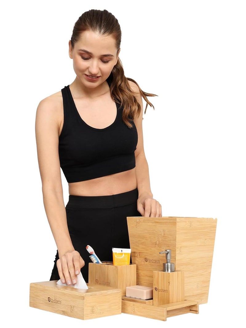 Now Organic - Living a Conscious Lifestyle Now Organic Brand Premium Bamboo Full Bathroom Accessories Organizer Set with Towel Tray soap Dispenser soap Dish Holder Dustbin Tissue Box and Toothbrush Holder All Combo 6  - Image 3