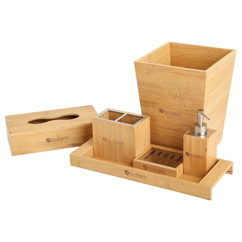 Now Organic - Living a Conscious Lifestyle Now Organic Brand Premium Bamboo Full Bathroom Accessories Organizer Set with Towel Tray soap Dispenser soap Dish Holder Dustbin Tissue Box and Toothbrush Holder All Combo 6  - Image 1