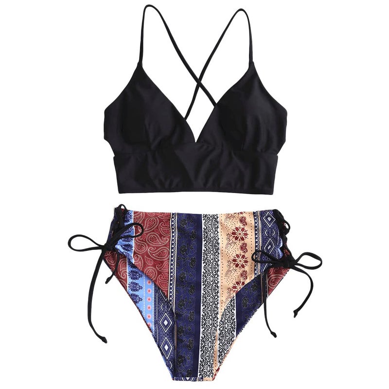 ZAFUL Women Tankini Set, Ribbed High Cut Surplice Swimsuit Bathing Suit with Spaghetti Straps(4-Black-Boho,S) - Image 1
