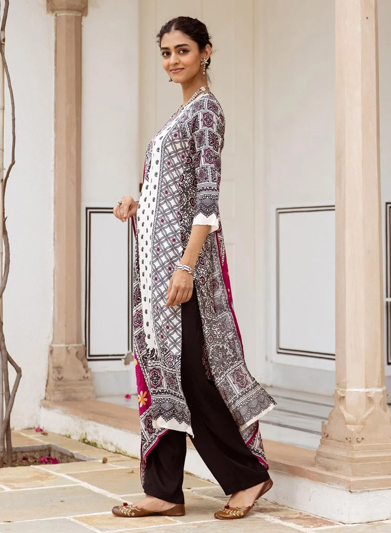 ISHIN Women's White Viscose Blend Printed Tunic Full Length Casual Straight Fit Kurta Set