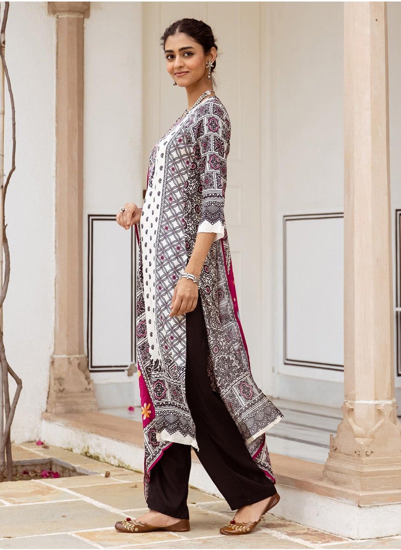ISHIN Women's White Viscose Blend Printed Tunic Full Length Casual Straight Fit Kurta Set  - Image 3