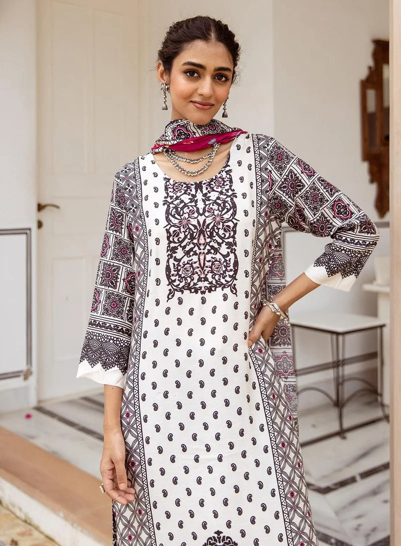 ISHIN Women's White Viscose Blend Printed Tunic Full Length Casual Straight Fit Kurta Set