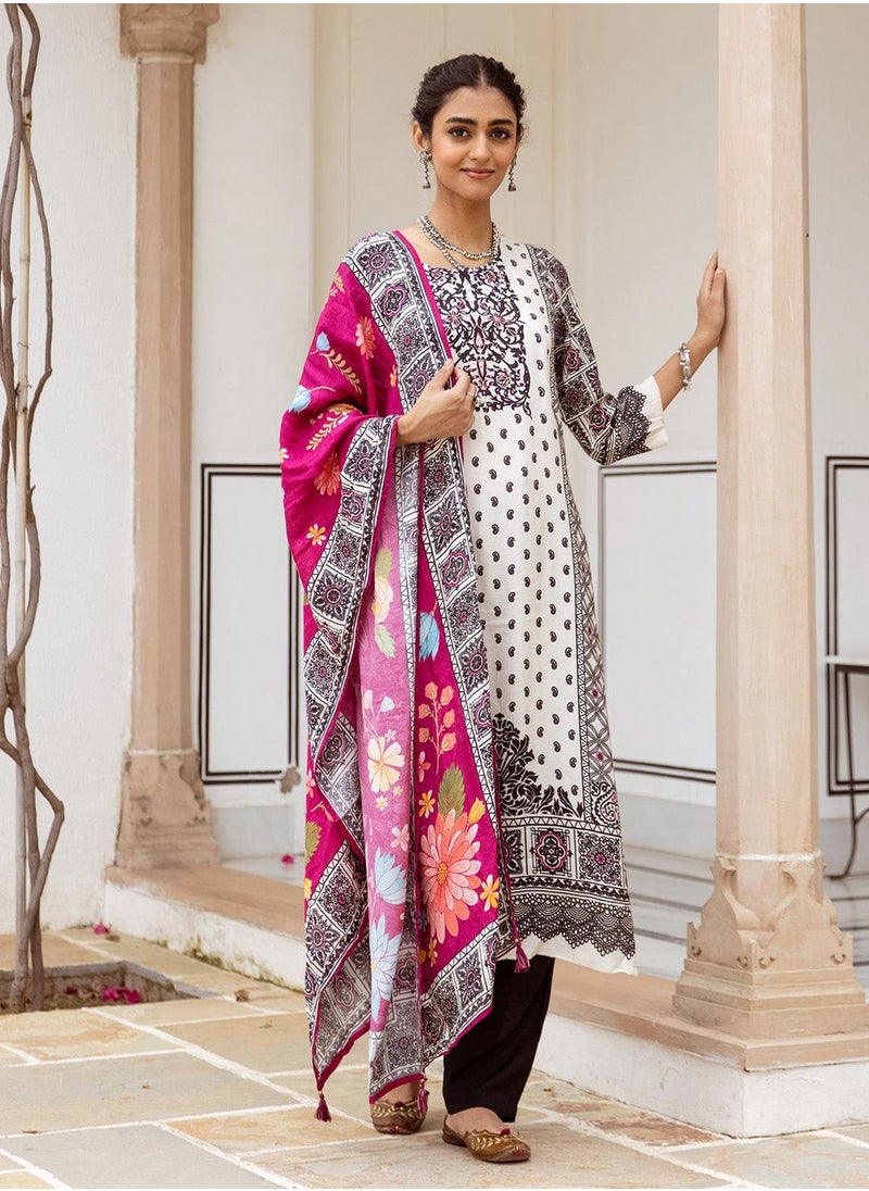 ISHIN Women's White Viscose Blend Printed Tunic Full Length Casual Straight Fit Kurta Set  - Image 1