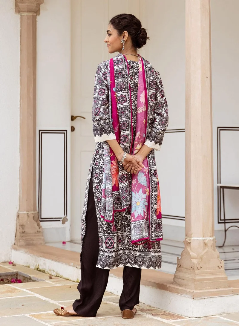 ISHIN Women's White Viscose Blend Printed Tunic Full Length Casual Straight Fit Kurta Set
