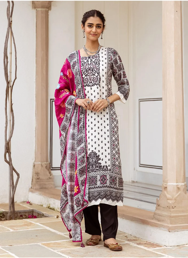 آي شين Women's White Viscose Blend Printed Tunic Full Length Casual Straight Fit Kurta Set