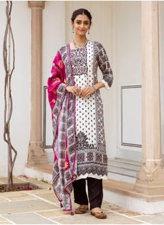 ISHIN Women's White Viscose Blend Printed Tunic Full Length Casual Straight Fit Kurta Set  - Image 2