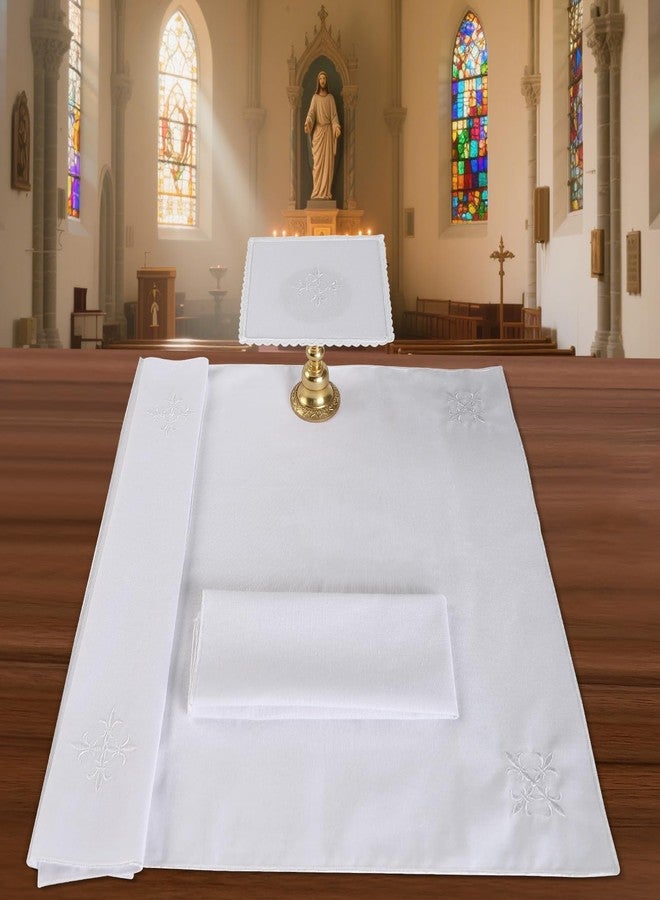 TALPGOD 4 Pcs Altar Supplies Linen Corporal for Churches Sets (Pall,Corporal,Purificator,Towel) White Linen Altar Cloth Silver Cross Embroidery,Mass Kit Catholic for Priest - Image 1