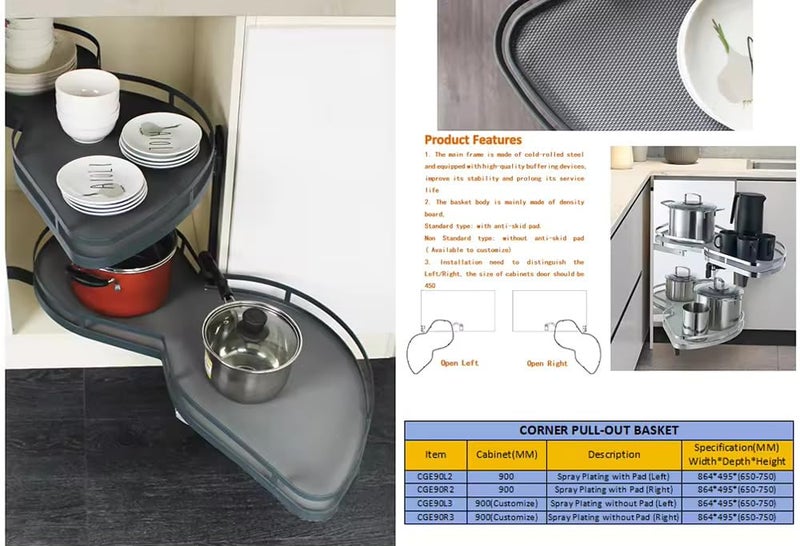 DBR DBR Kitchen Soft Close Revolving Storage Baskets Swing Tray Magic Corner for Cabinet Blind Corner RIGHT OPENING GRAY  - Image 2