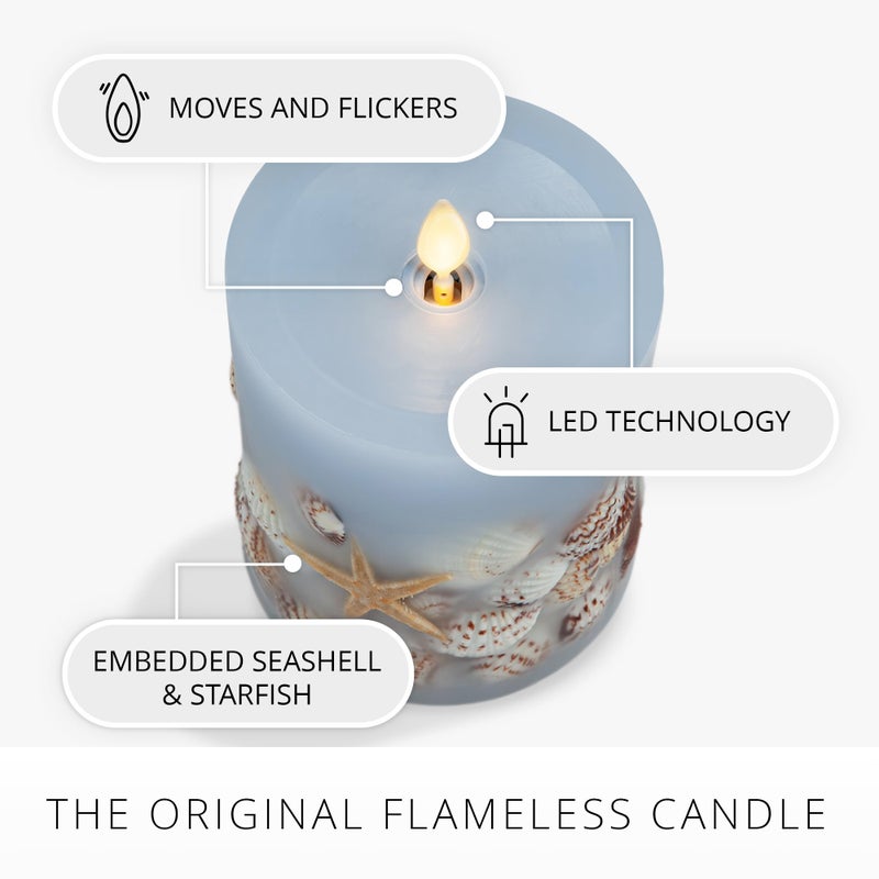 Luminara Flameless LED Candle Soft Chambray Embedded Seashell & Starfish Moving Flame Pillar Unscented Real Wax with Recessed Edge (4.5-inch) - Image 2