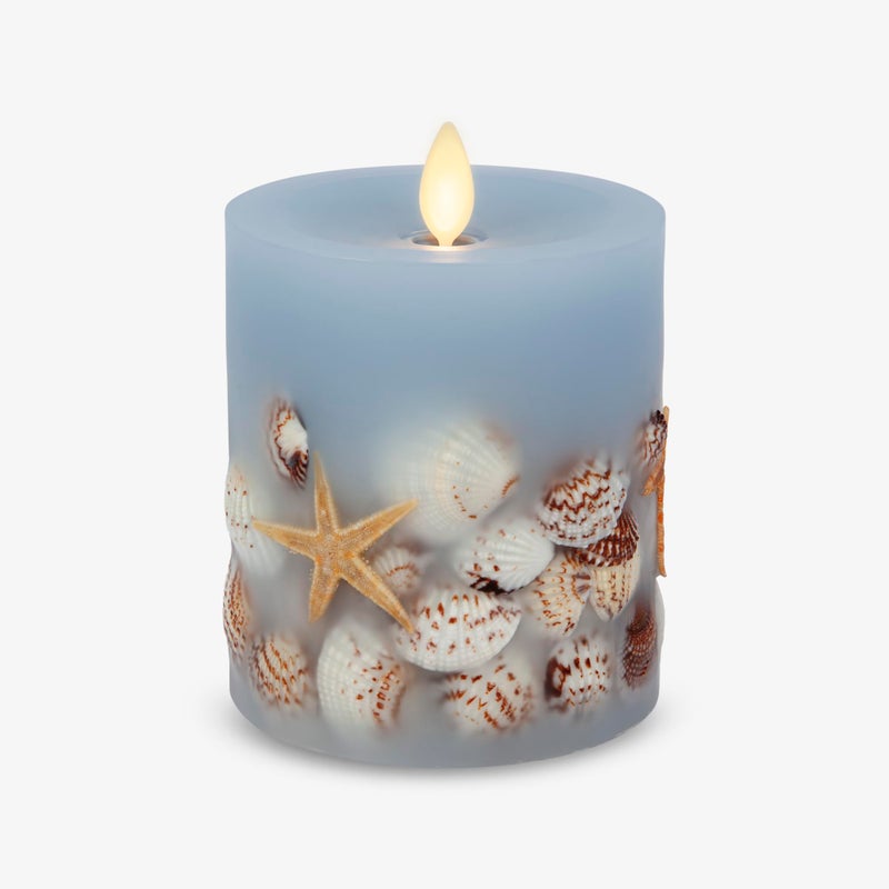 Luminara Flameless LED Candle Soft Chambray Embedded Seashell & Starfish Moving Flame Pillar Unscented Real Wax with Recessed Edge (4.5-inch) - Image 1
