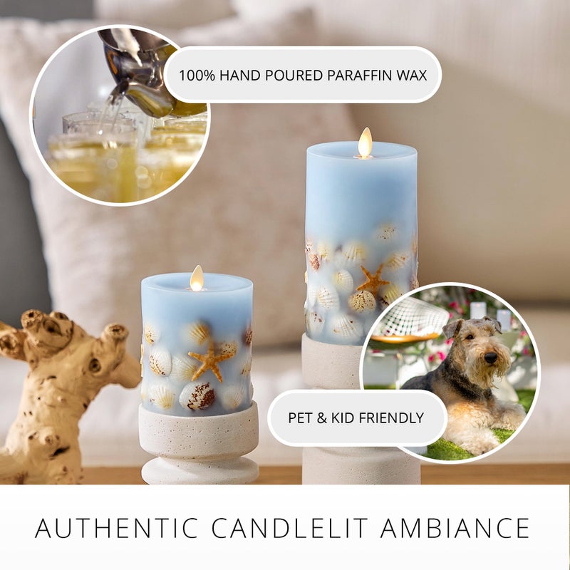 Luminara Flameless LED Candle Soft Chambray Embedded Seashell & Starfish Moving Flame Pillar Unscented Real Wax with Recessed Edge (4.5-inch) - Image 5