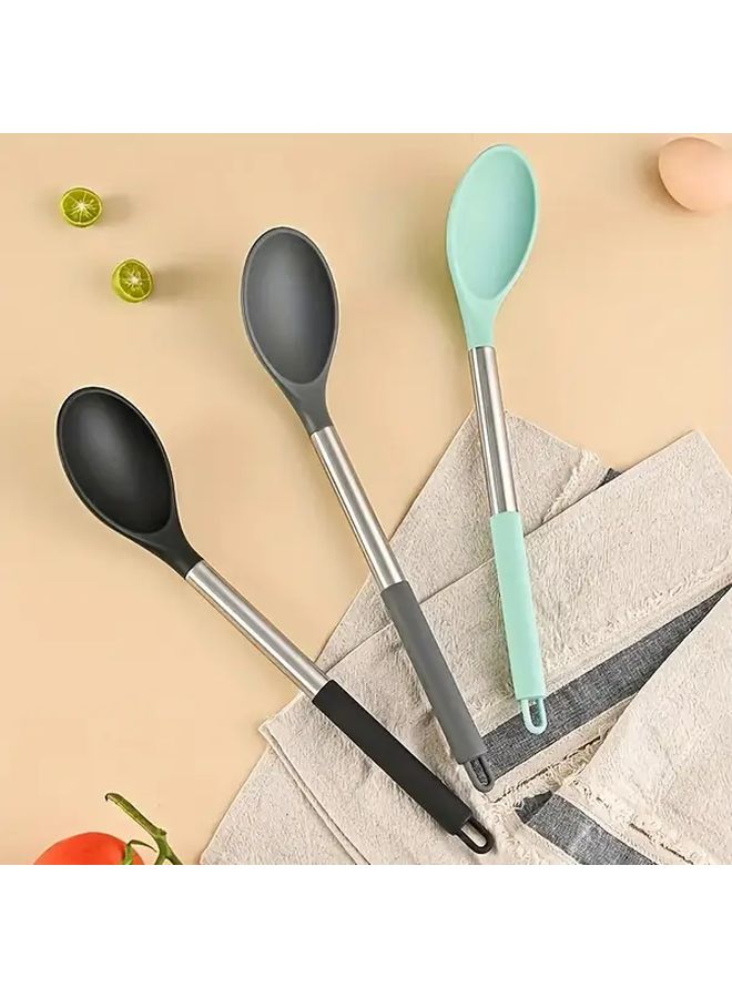 Large Non Stick Heat Resistant Green Silicone Soup Spoon With Stainless Steel Handle - Image 4
