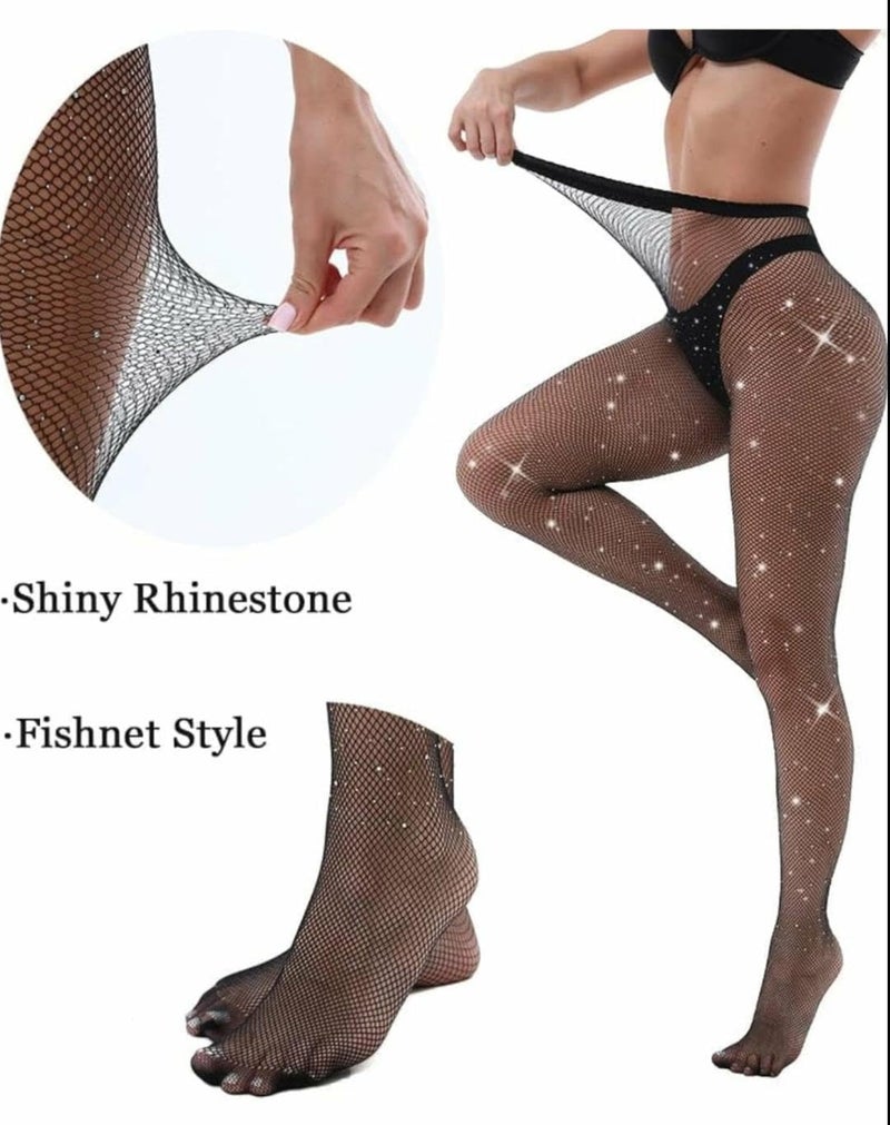 Sizi Fishnet Stockings Rhinestone High Waist Sparkly Tights for Women and Girls. (XL) - Image 4