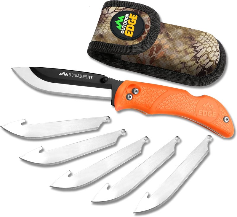 Outdoor Edge Razor-Lite Folding Hunting Knife – 3.5″ Replaceable Razor Blades, Non-Slip Rubber Handle, Lock-Back Safety, Includes 6 Blades and Nylon Sheath - Image 1