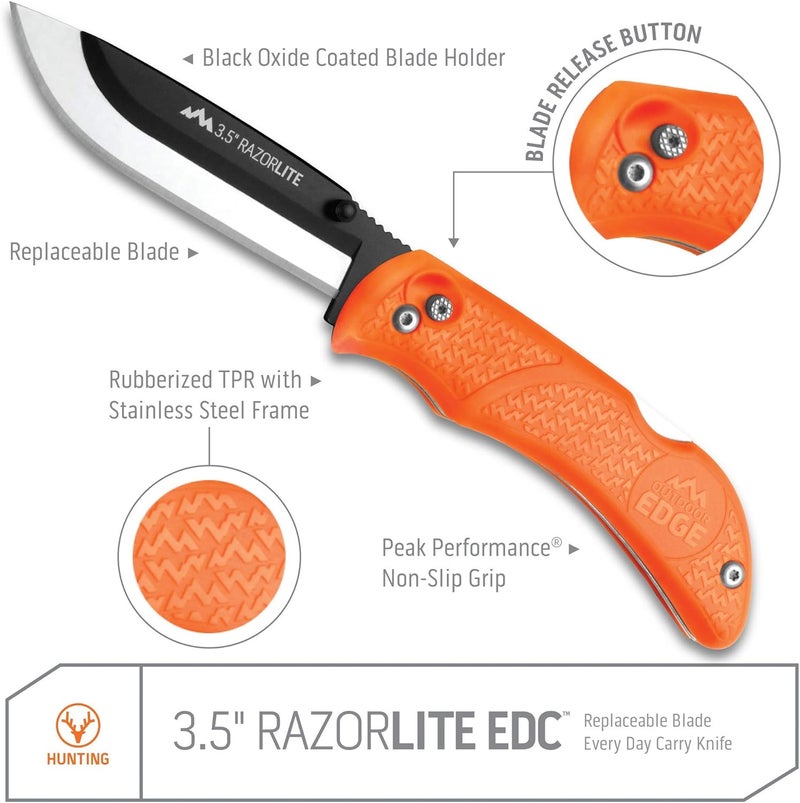 Outdoor Edge Razor-Lite Folding Hunting Knife – 3.5″ Replaceable Razor Blades, Non-Slip Rubber Handle, Lock-Back Safety, Includes 6 Blades and Nylon Sheath - Image 3