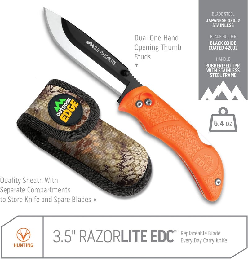 Outdoor Edge Razor-Lite Folding Hunting Knife – 3.5″ Replaceable Razor Blades, Non-Slip Rubber Handle, Lock-Back Safety, Includes 6 Blades and Nylon Sheath - Image 2