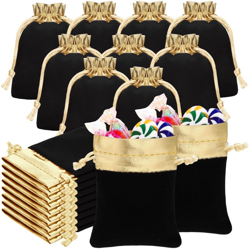 Mini Velvet Drawstring Bags: 2.76 X 3.54 Inch Black Pouches With Gold-Tone Drawstring - Secure Storage Bulk 100 Pack For Wedding Party Favor, Jewelry Gift And Event Organizing - Image 1