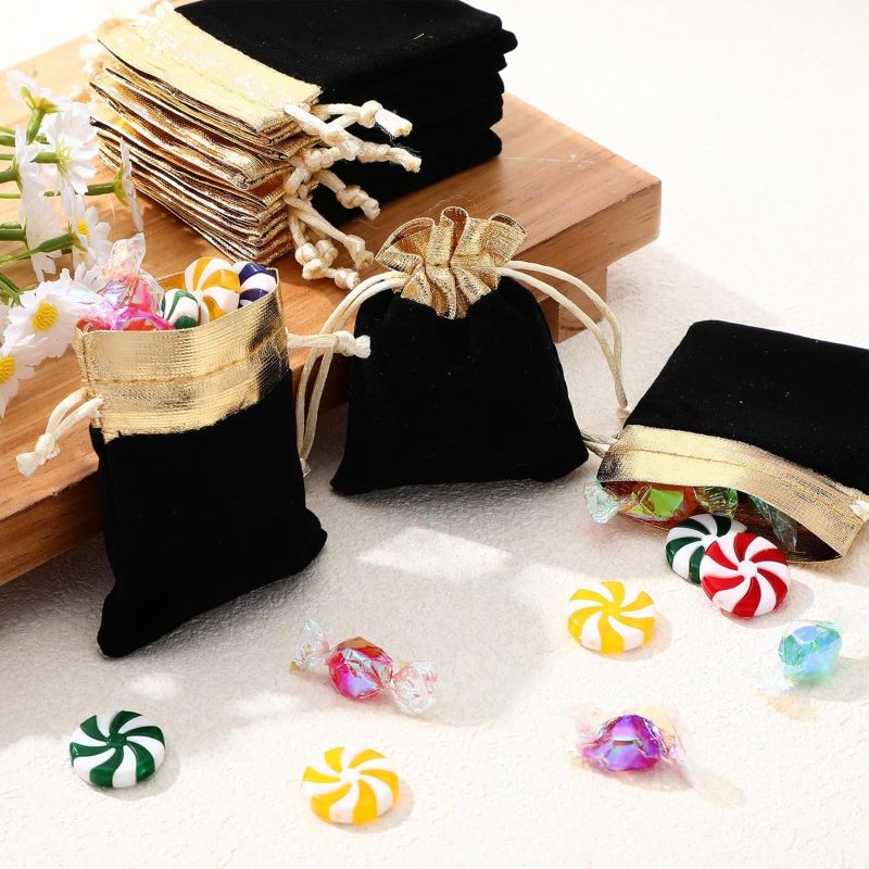 Mini Velvet Drawstring Bags: 2.76 X 3.54 Inch Black Pouches With Gold-Tone Drawstring - Secure Storage Bulk 100 Pack For Wedding Party Favor, Jewelry Gift And Event Organizing - Image 4