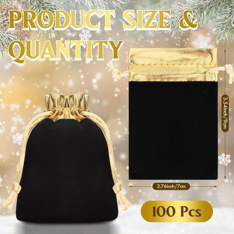 Mini Velvet Drawstring Bags: 2.76 X 3.54 Inch Black Pouches With Gold-Tone Drawstring - Secure Storage Bulk 100 Pack For Wedding Party Favor, Jewelry Gift And Event Organizing - Image 2