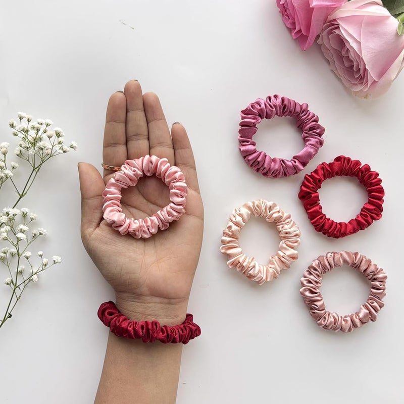 SILVR BEAR Luxury Satin Skinny Scrunchies For Women/Girls - Same 6 Colors As Pic, 𝗔𝗻𝘁𝗶-𝗛𝗮𝗶𝗿-𝗕𝗿𝗲𝗮𝗸𝗮𝗴𝗲, Hair Ties, Slim Scrunchies Set For Girls (Skinny Rose Collection) - Image 4