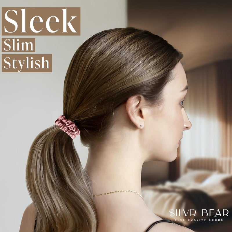 SILVR BEAR Luxury Satin Skinny Scrunchies For Women/Girls - Same 6 Colors As Pic, 𝗔𝗻𝘁𝗶-𝗛𝗮𝗶𝗿-𝗕𝗿𝗲𝗮𝗸𝗮𝗴𝗲, Hair Ties, Slim Scrunchies Set For Girls (Skinny Rose Collection) - Image 5