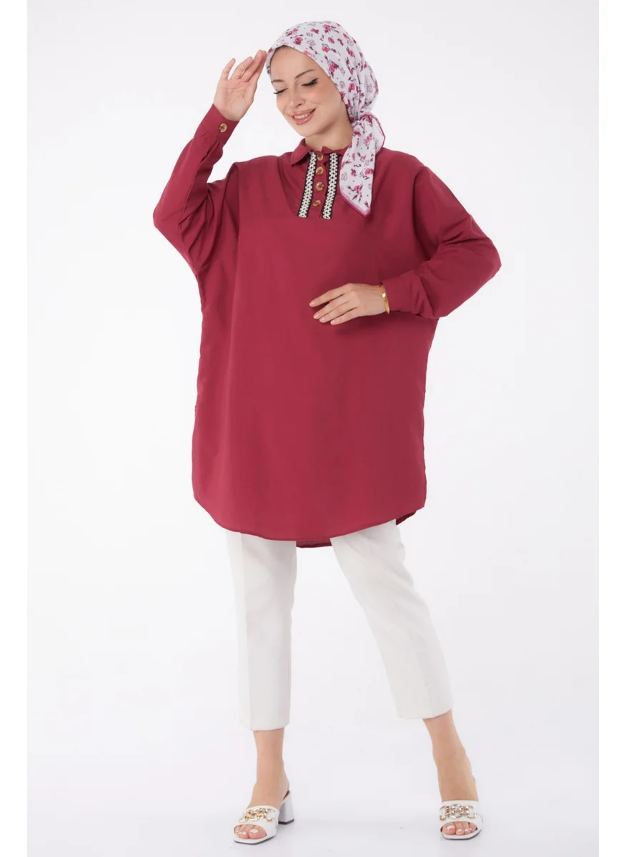 Tofisa Plain Shirt Collar Women's Burgundy Tunic - 13257