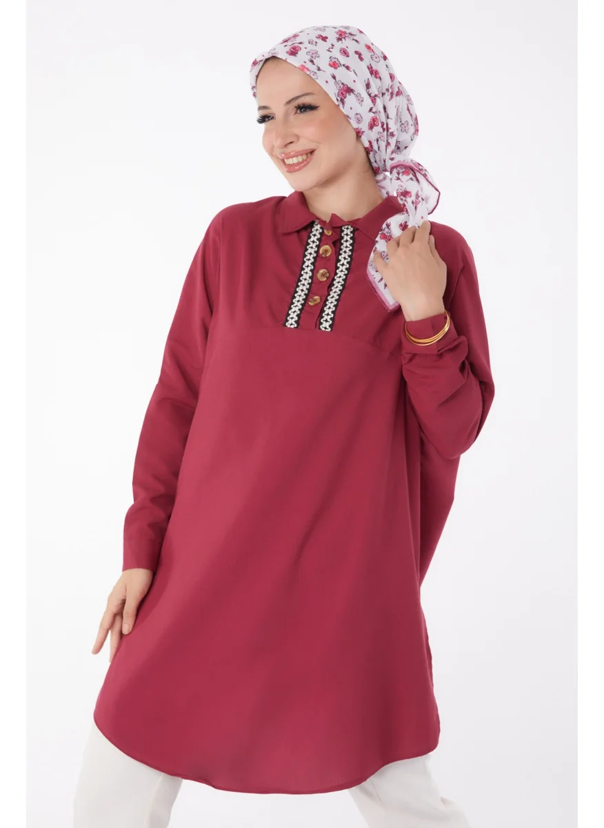 Tofisa Plain Shirt Collar Women's Burgundy Tunic - 13257
