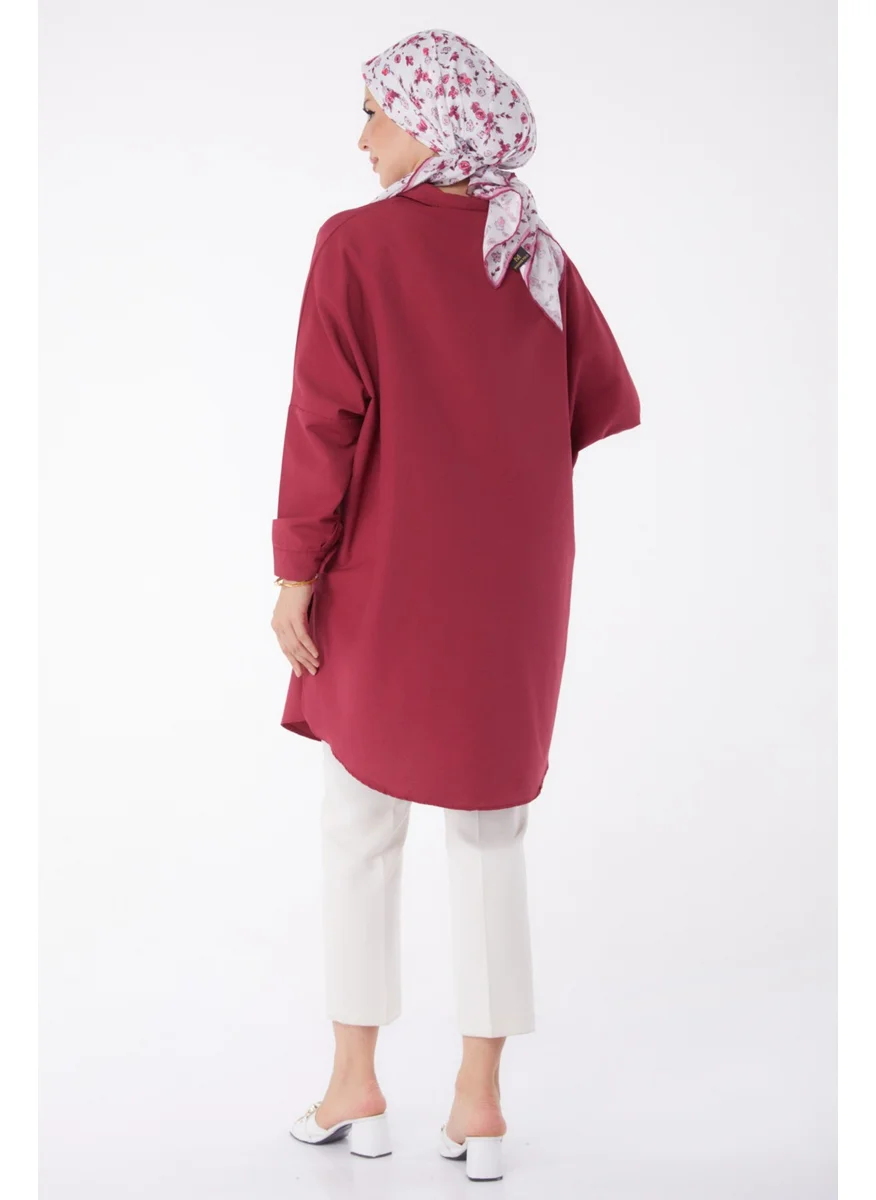 Tofisa Plain Shirt Collar Women's Burgundy Tunic - 13257