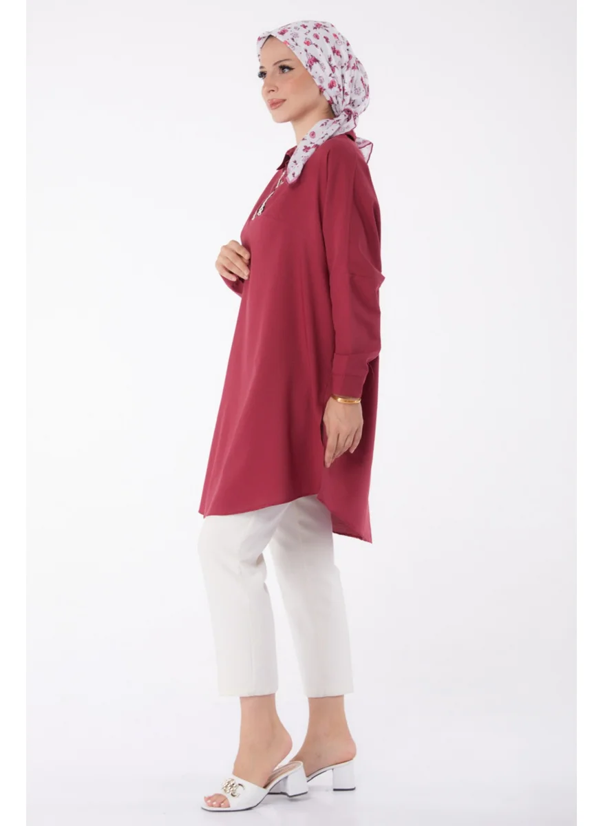 Tofisa Plain Shirt Collar Women's Burgundy Tunic - 13257