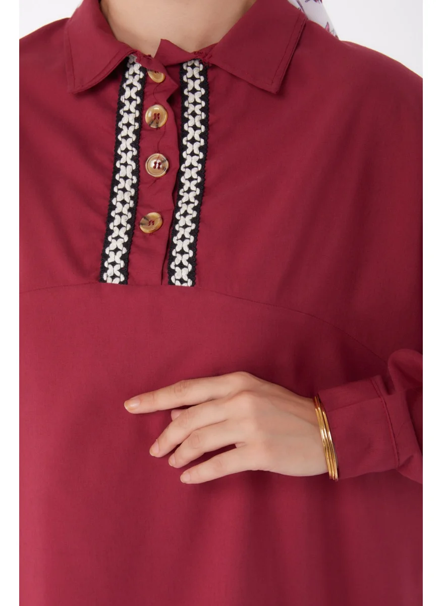 Tofisa Plain Shirt Collar Women's Burgundy Tunic - 13257