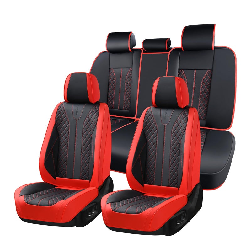 FLORICH Car Seat Covers Front Seats and Back Faux Leather Seat Cover Waterproof Seat Covers Car Seat Cushion 5 Seats Car Seat Protector Universal Fit for Most Cars SUV Trucks, Black&Red - Image 1