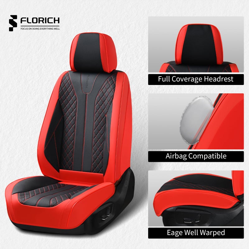FLORICH Car Seat Covers Front Seats and Back Faux Leather Seat Cover Waterproof Seat Covers Car Seat Cushion 5 Seats Car Seat Protector Universal Fit for Most Cars SUV Trucks, Black&Red - Image 5