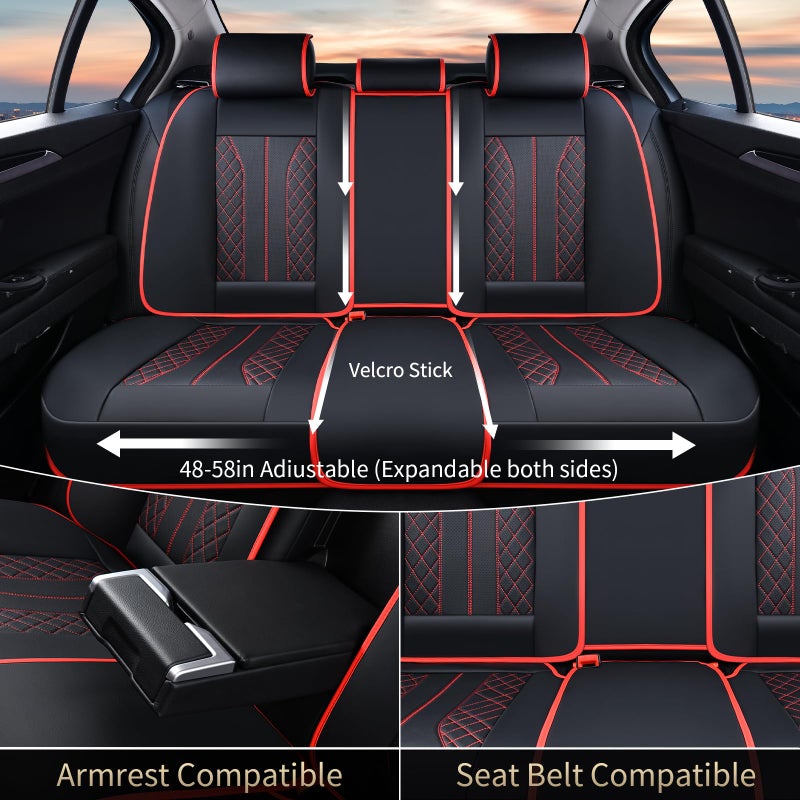 FLORICH Car Seat Covers Front Seats and Back Faux Leather Seat Cover Waterproof Seat Covers Car Seat Cushion 5 Seats Car Seat Protector Universal Fit for Most Cars SUV Trucks, Black&Red - Image 4