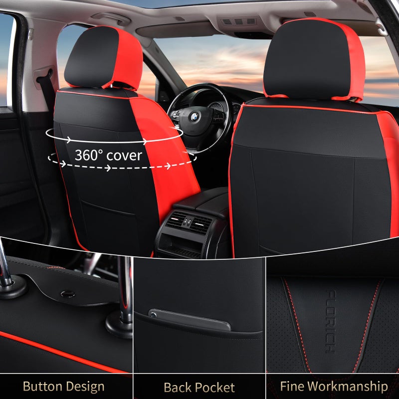 FLORICH Car Seat Covers Front Seats and Back Faux Leather Seat Cover Waterproof Seat Covers Car Seat Cushion 5 Seats Car Seat Protector Universal Fit for Most Cars SUV Trucks, Black&Red - Image 3