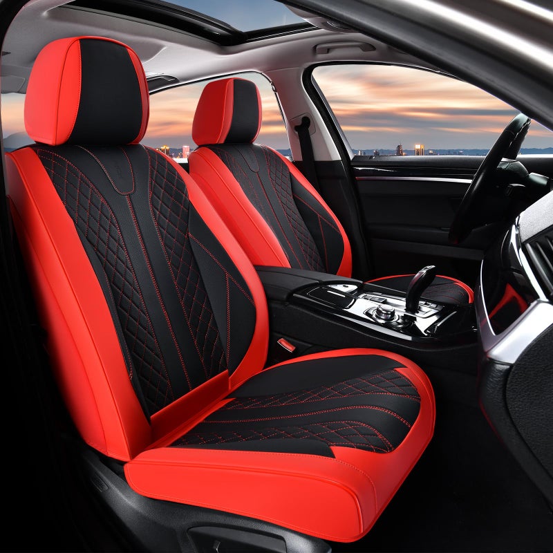 FLORICH Car Seat Covers Front Seats and Back Faux Leather Seat Cover Waterproof Seat Covers Car Seat Cushion 5 Seats Car Seat Protector Universal Fit for Most Cars SUV Trucks, Black&Red - Image 2