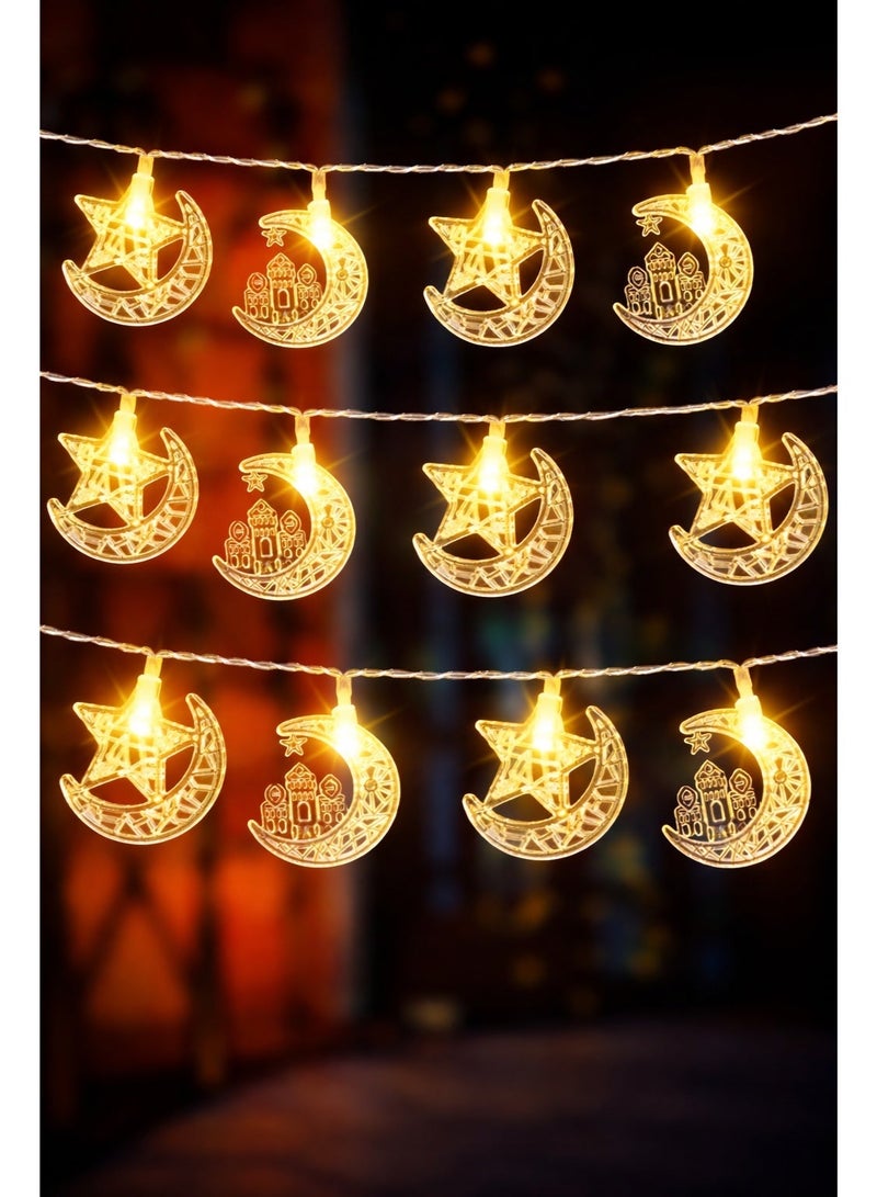 AL THURAYAT Ramadan LED string lights in the shape of crescent and star&mosque– illuminated decoration for occasions, Ramadan lights, crescent and star decorations with warm lighting - Image 1