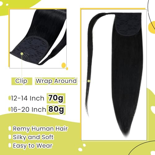 RUNATURE Ponytail Extension Human Hair for Black Women, Real Human Hair Ponytail with Magic Paste, Soft Straight Remy Hair, Daily Wearing, Easy to Apply, 12 Inch 70g #1 Jet Black - Image 3