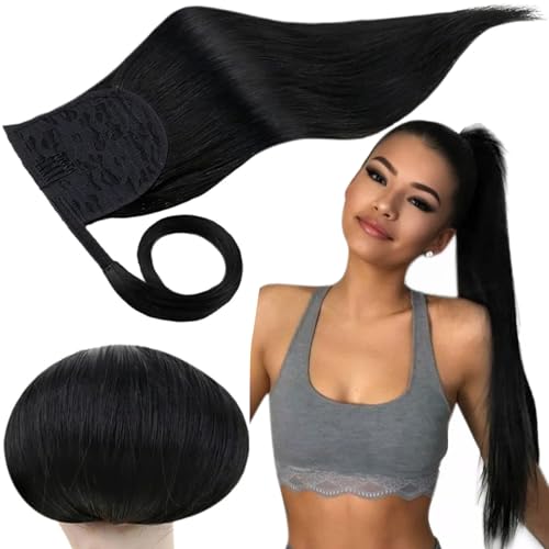RUNATURE Ponytail Extension Human Hair for Black Women, Real Human Hair Ponytail with Magic Paste, Soft Straight Remy Hair, Daily Wearing, Easy to Apply, 12 Inch 70g #1 Jet Black - Image 1