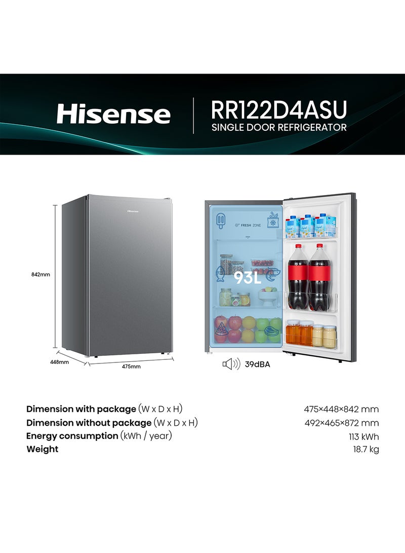 Hisense Gross 122L/Net 93L Single Door Refrigerator Fridge RR122D4ASU, Adjustable Thermostat, Big Door Shelf, Separate Chiller, Reversible Door, Low Noise, Child Lock RR122D4ASU Silver - Image 3