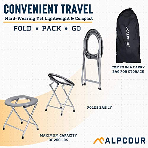 Alpcour Portable Toilet Seat – Compact Lightweight Indoor & Outdoor Commode w/Built-In Bag Hooks & Travel Bag – Heavy-Duty Stainless-Steel Chair is Durable & Convenient For Camping, Travel & Emergency - Image 2