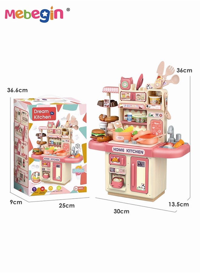MEBEGIN 34 Pcs Kitchen Pretend Play Toy Set, Role Play Cookware Indoor DIY Toy Games, Kitchen Accessories Toys Sets With Spray And Light for Boys, Girls, Kids, Children, Pink  - Image 2