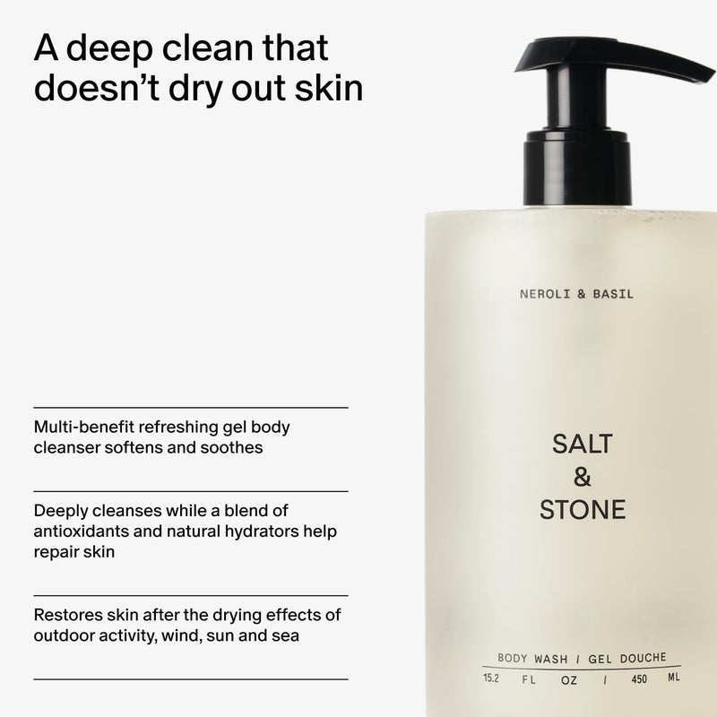 Salt & Stone Body Wash for Women & Men | Neroli & Basil | Hydrating Gel Cleanser | Clean & Soften Skin | Made with Niacinamide & Hyaluronic Acid | Free From Parabens, Sulfates & Phthalates 15.2 fl oz - Image 4