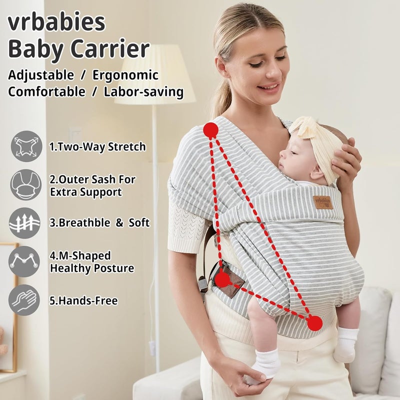 حمال أطفال من نوع Baby Wraps Carrier Sling، مناسب للأطفال حديثي الولادة والصغار، مريح للبشرة وذو طبقة أمامية ناعمة؛ هدية مثالية للأطفال حديثي الولادة (لون رمادي مخطط). - Image 2