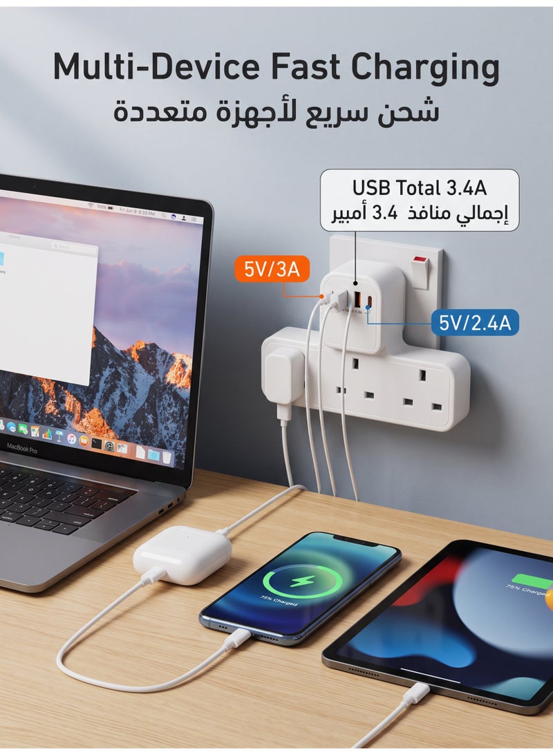 7 In 1 Power Strip Extension Plug, Multiple 3 AC Outlet Sockets, USB C Charger 4 USB Ports, Triple UK Plug Extender, Extension Board USB Charging Station, Surge Protector For Kitchen, Home Office Accessories - Image 5