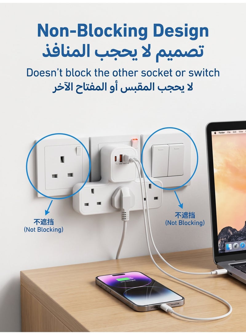 7 In 1 Power Strip Extension Plug, Multiple 3 AC Outlet Sockets, USB C Charger 4 USB Ports, Triple UK Plug Extender, Extension Board USB Charging Station, Surge Protector For Kitchen, Home Office Accessories - Image 2