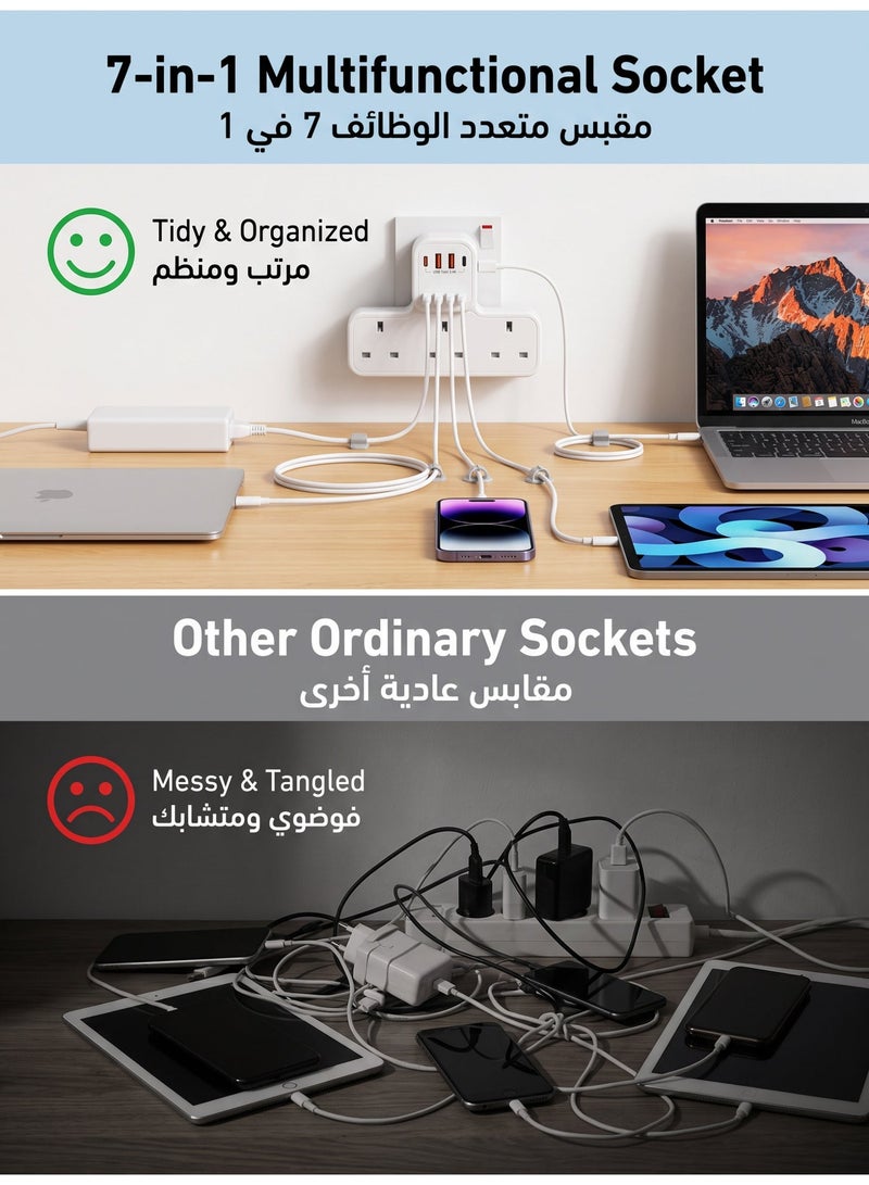 7 In 1 Power Strip Extension Plug, Multiple 3 AC Outlet Sockets, USB C Charger 4 USB Ports, Triple UK Plug Extender, Extension Board USB Charging Station, Surge Protector For Kitchen, Home Office Accessories - Image 3